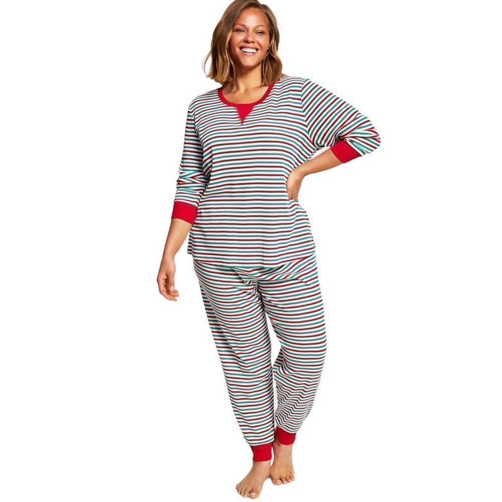 Matching Women Thermal Waffle Holiday Stripe Pajama Set Christmas size S